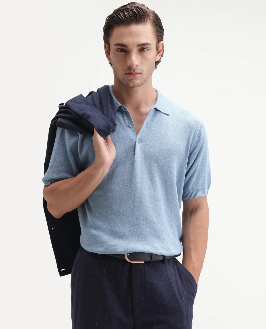 Rare Rabbit Men's Linok Light Blue Linen Blend Spread Collar Button Regular Plain Polo