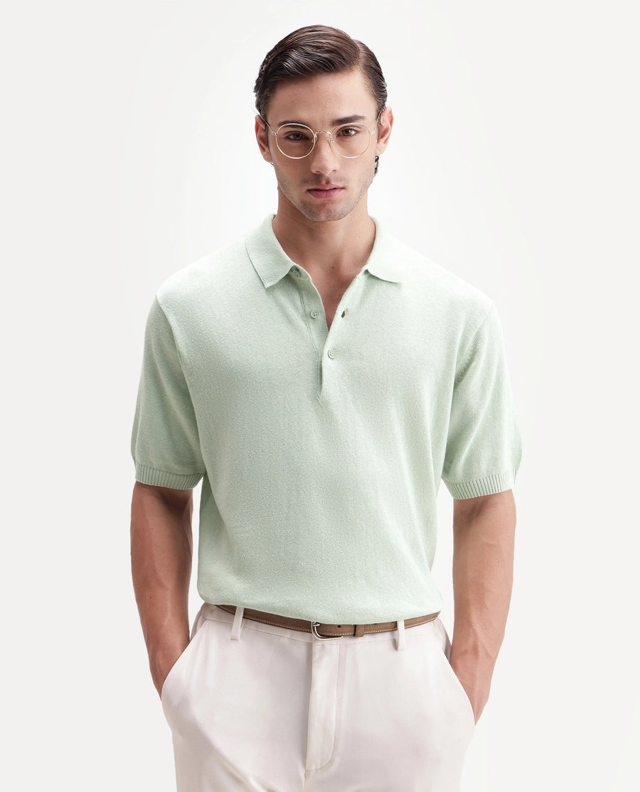 Rare Rabbit Men's Linok Light Green Linen Blend Spread Collar Button Regular Plain Polo