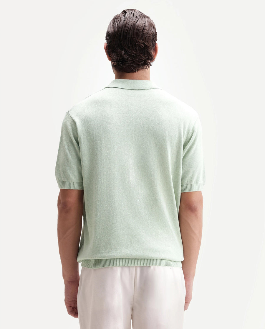 Rare Rabbit Men's Linok Light Green Linen Blend Spread Collar Button Regular Plain Polo