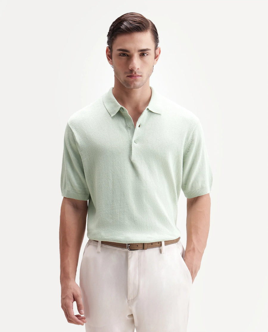 Rare Rabbit Men's Linok Light Green Linen Blend Spread Collar Button Regular Plain Polo