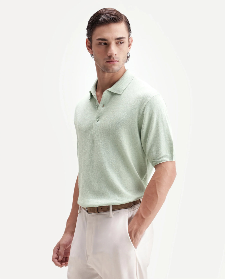 Rare Rabbit Men's Linok Light Green Linen Blend Spread Collar Button Regular Plain Polo