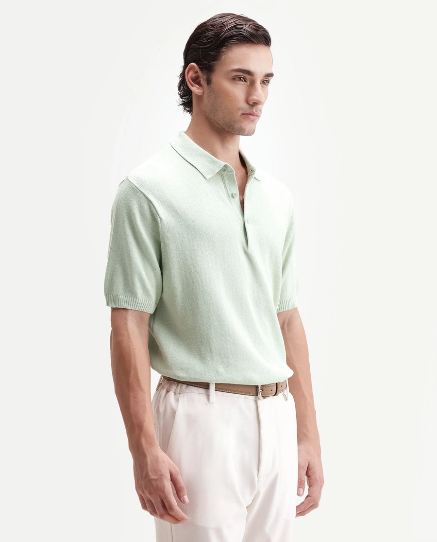 Rare Rabbit Men's Linok Light Green Linen Blend Spread Collar Button Regular Plain Polo