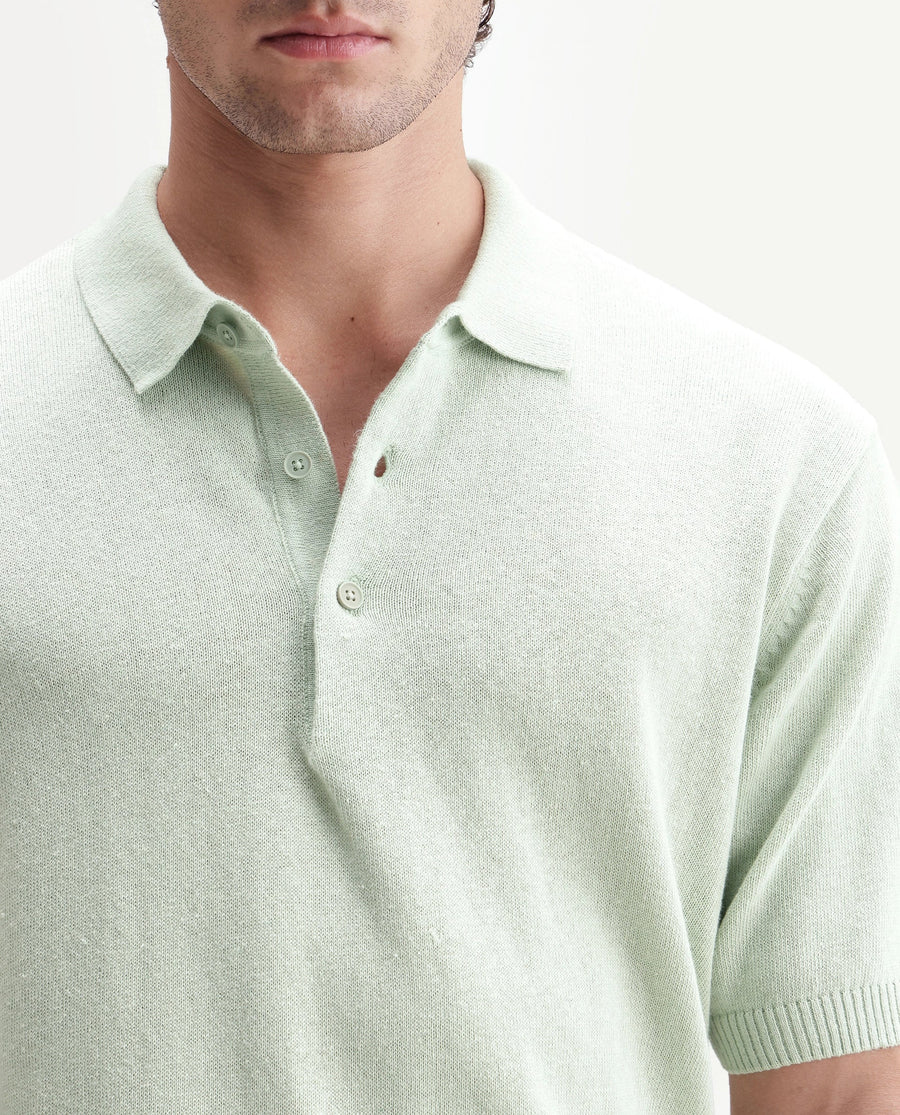 Rare Rabbit Men's Linok Light Green Linen Blend Spread Collar Button Regular Plain Polo