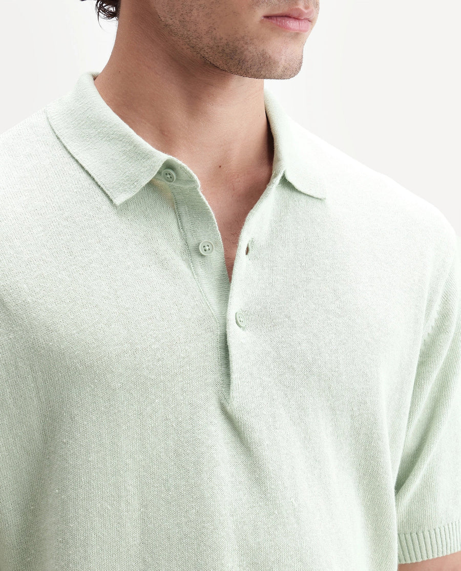 Rare Rabbit Men's Linok Light Green Linen Blend Spread Collar Button Regular Plain Polo
