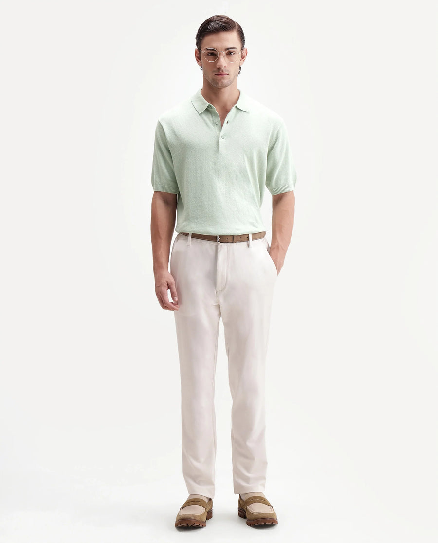 Rare Rabbit Men's Linok Light Green Linen Blend Spread Collar Button Regular Plain Polo