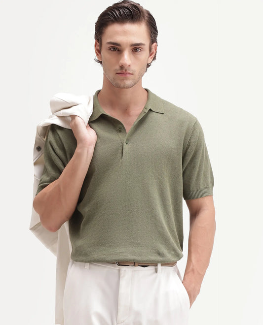 Rare Rabbit Men's Linok Green Linen Blend Spread Collar Button Regular Plain Polo