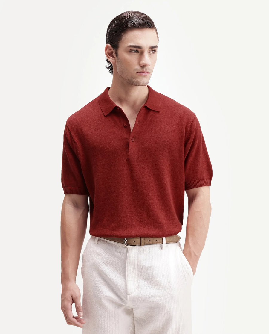 Rare Rabbit Men's Linop Red Linen Blend Spread Collar Button Regular Plain Polo