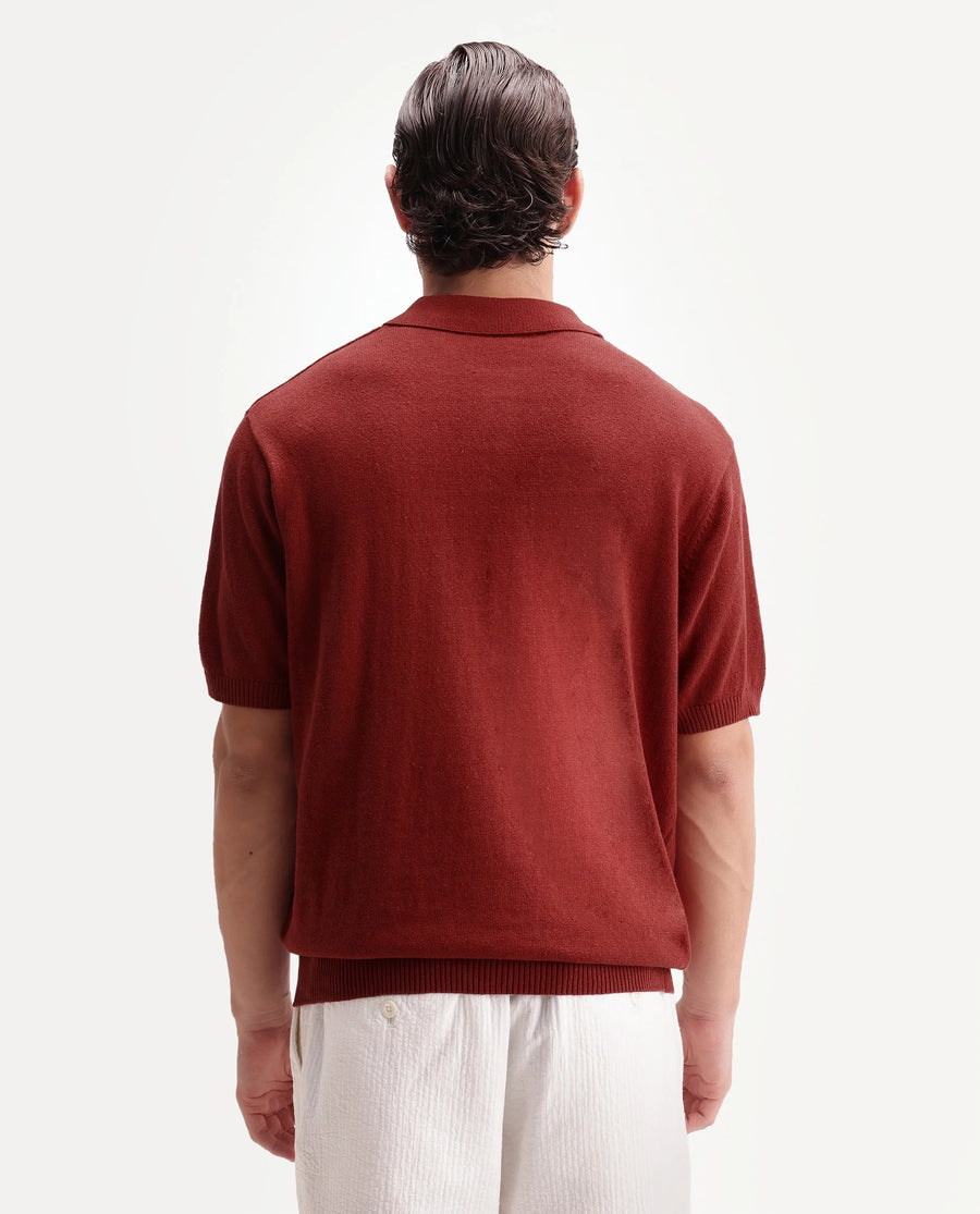Rare Rabbit Men's Linop Red Linen Blend Spread Collar Button Regular Plain Polo