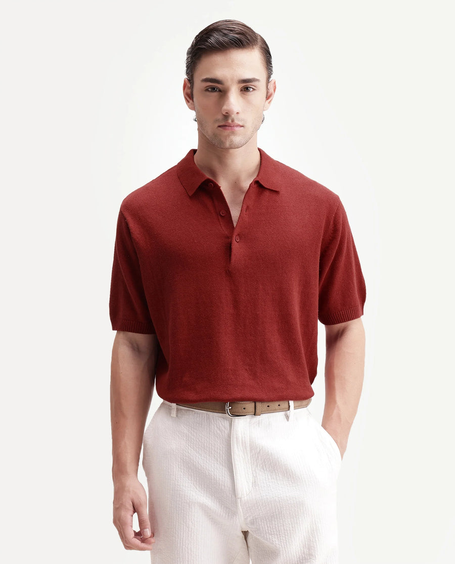 Rare Rabbit Men's Linop Red Linen Blend Spread Collar Button Regular Plain Polo