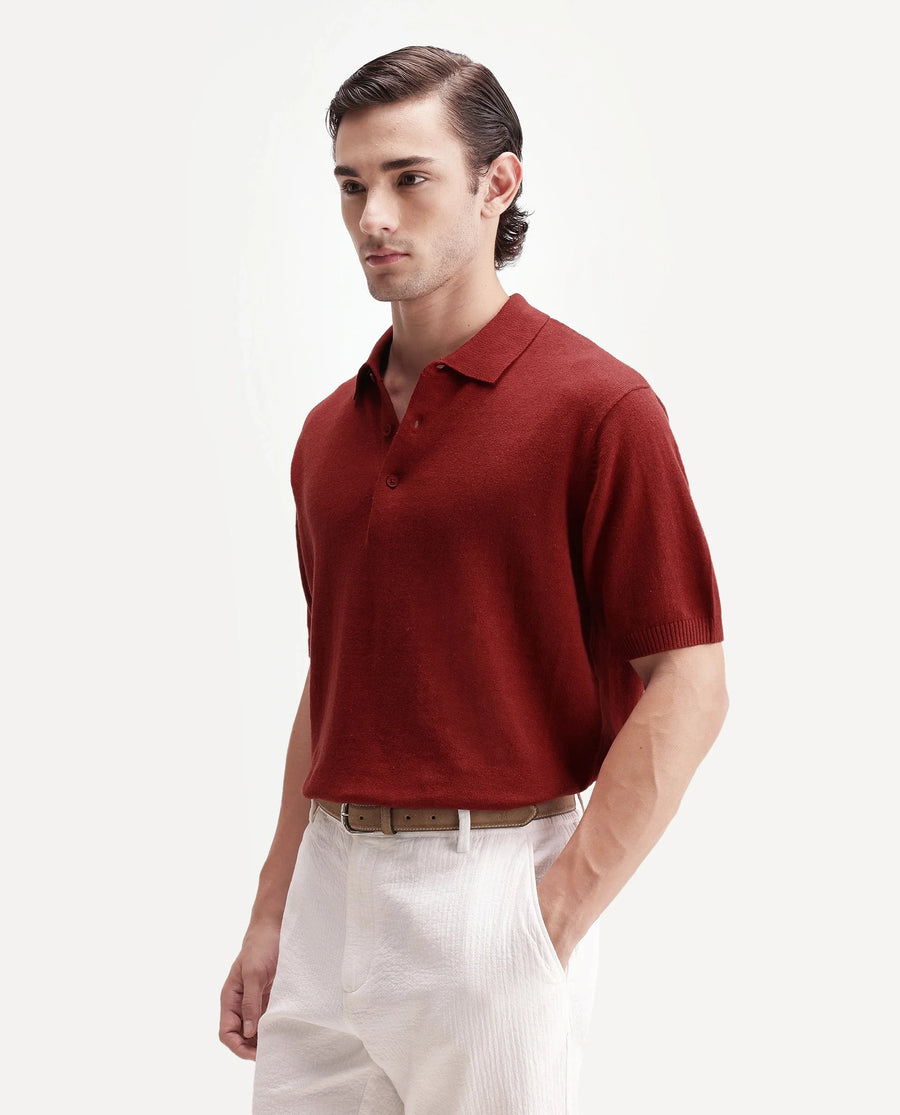 Rare Rabbit Men's Linop Red Linen Blend Spread Collar Button Regular Plain Polo