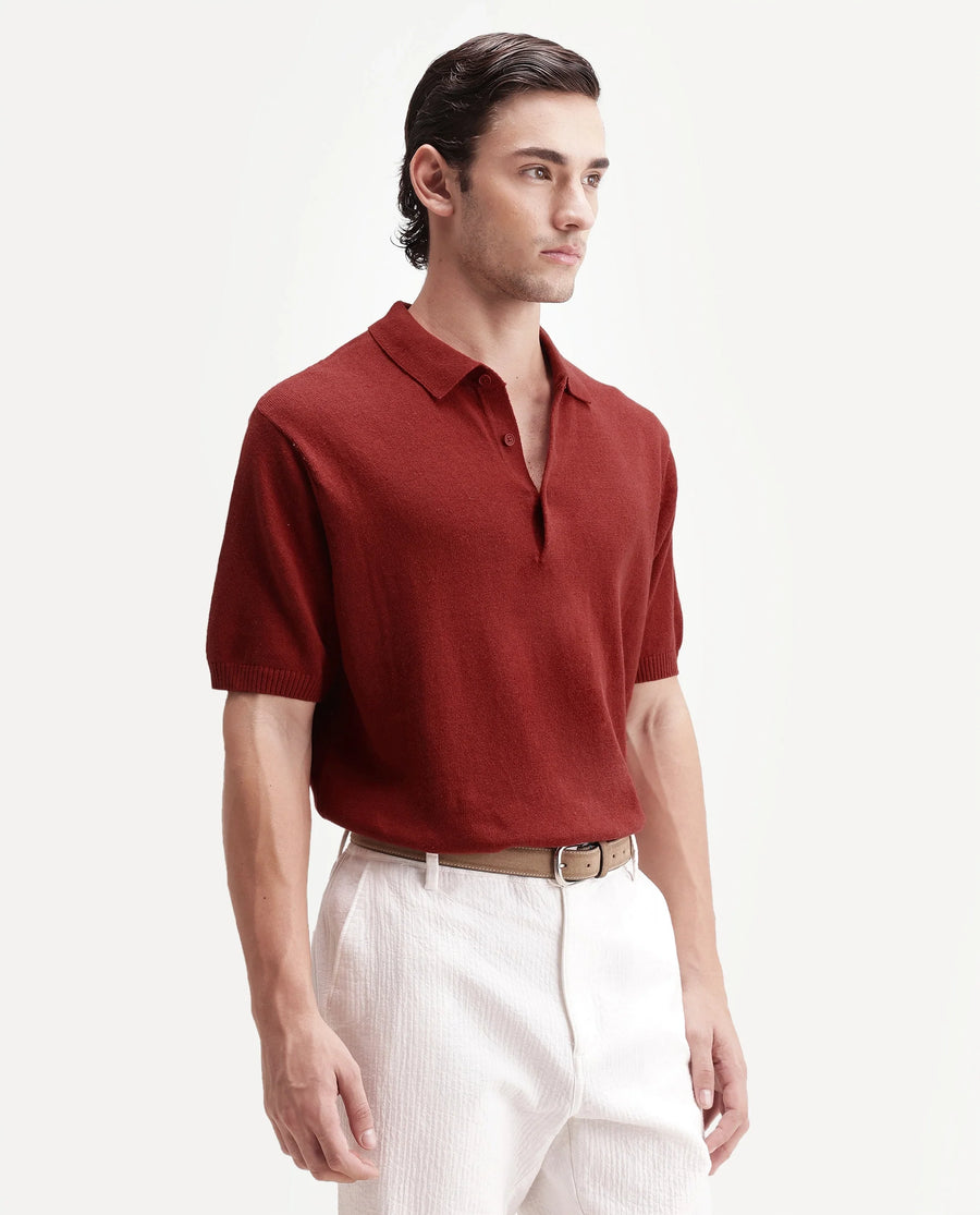 Rare Rabbit Men's Linop Red Linen Blend Spread Collar Button Regular Plain Polo