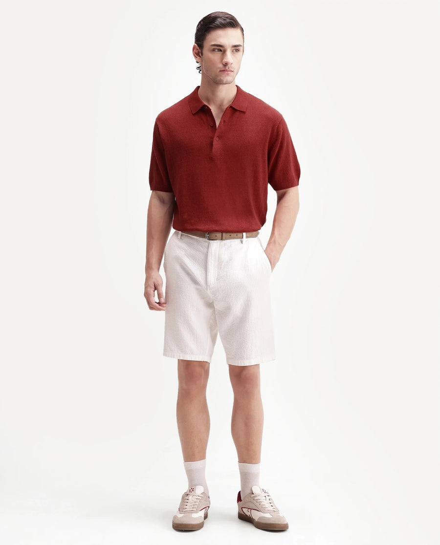 Rare Rabbit Men's Linop Red Linen Blend Spread Collar Button Regular Plain Polo