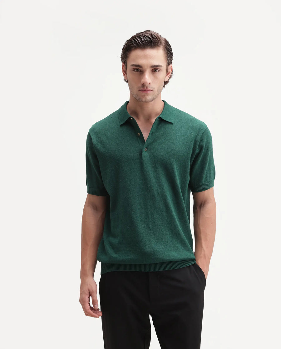 Rare Rabbit Men's Linop Dark Green Linen Blend Spread Collar Button Regular Plain Polo