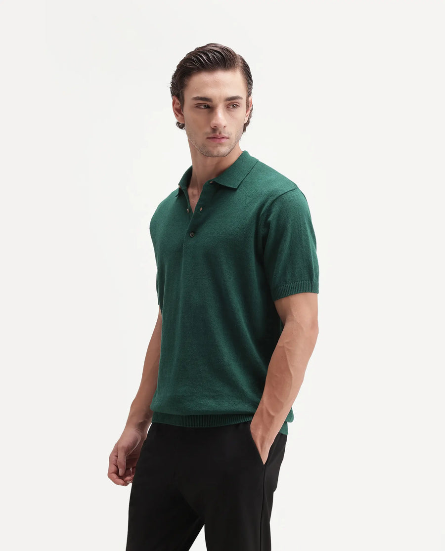 Rare Rabbit Men's Linop Dark Green Linen Blend Spread Collar Button Regular Plain Polo