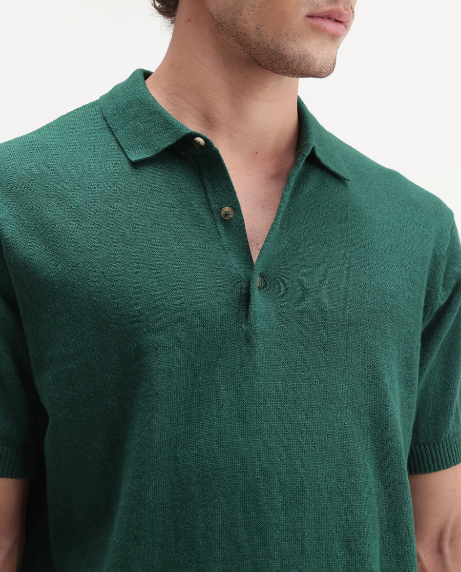 Rare Rabbit Men's Linop Dark Green Linen Blend Spread Collar Button Regular Plain Polo