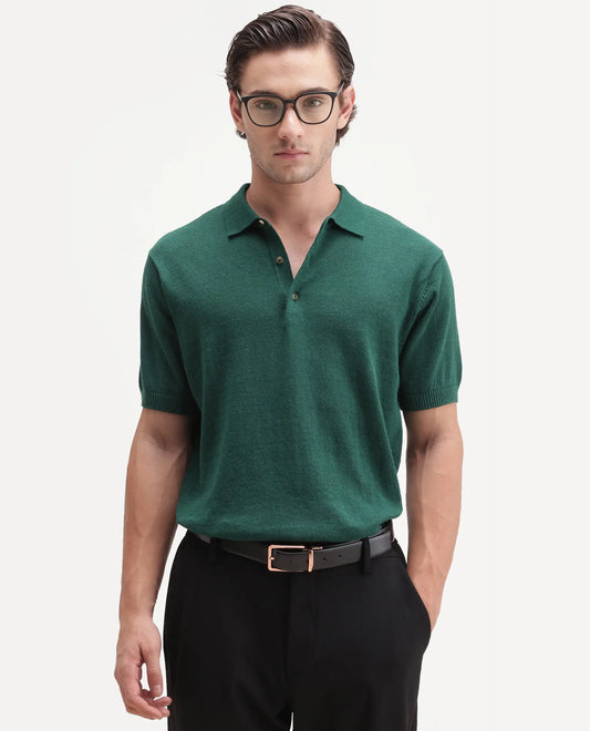 Rare Rabbit Men's Linop Dark Green Linen Blend Spread Collar Button Regular Plain Polo