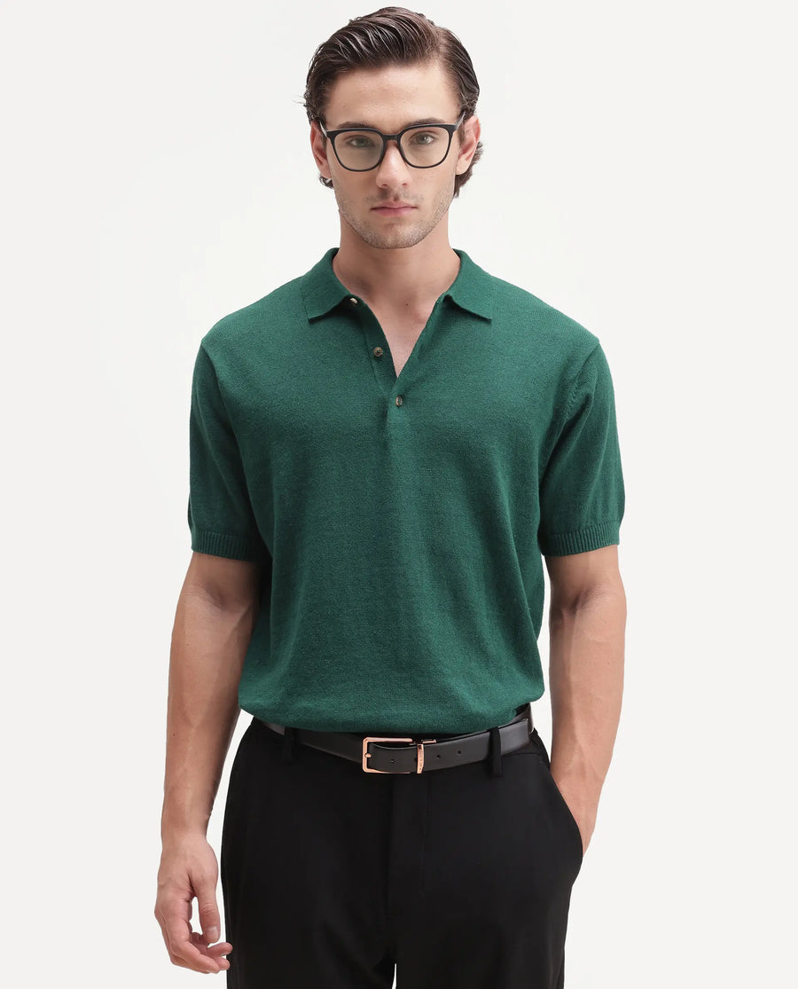 Rare Rabbit Men's Linop Dark Green Linen Blend Spread Collar Button Regular Plain Polo