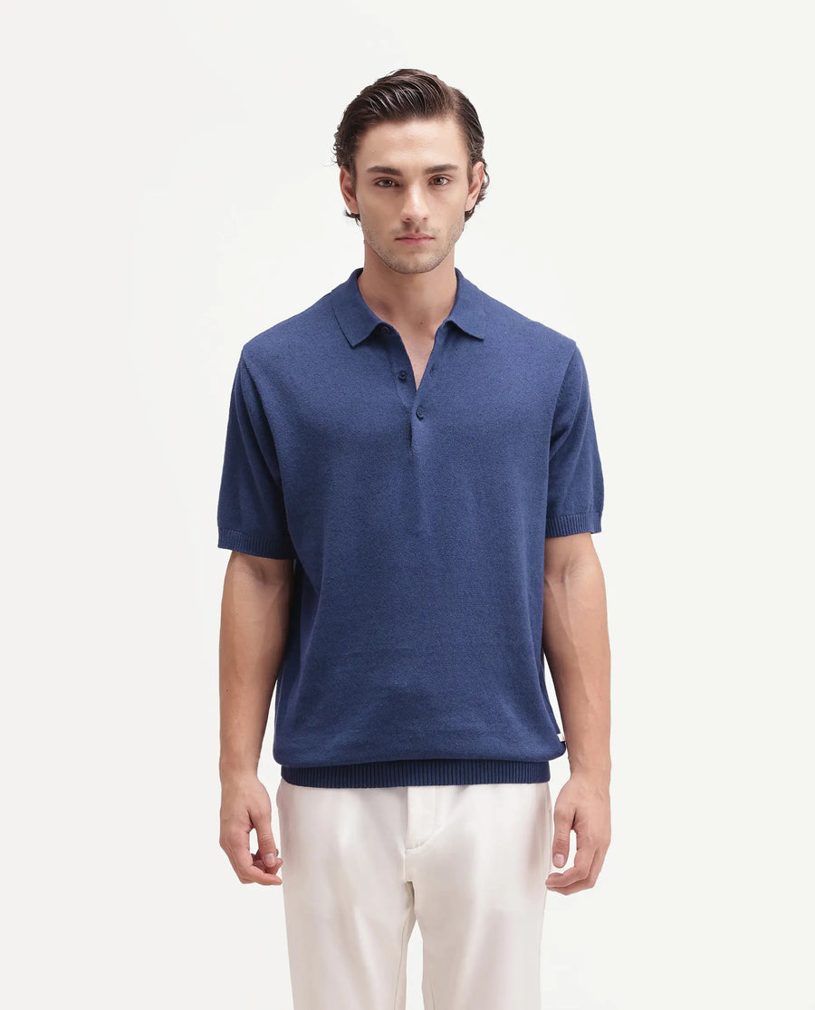 Rare Rabbit Men's Linop Dark Blue Linen Blend Spread Collar Button Regular Plain Polo