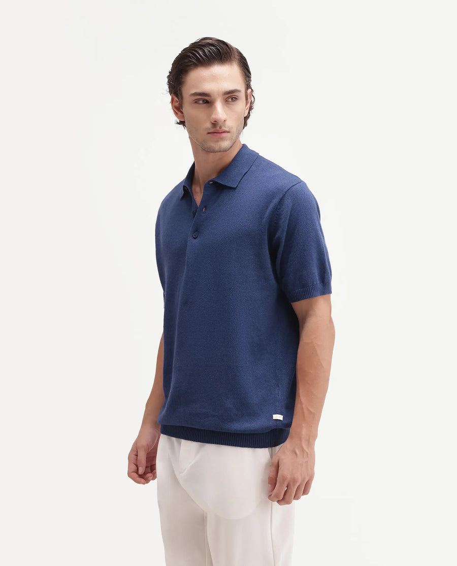 Rare Rabbit Men's Linop Dark Blue Linen Blend Spread Collar Button Regular Plain Polo