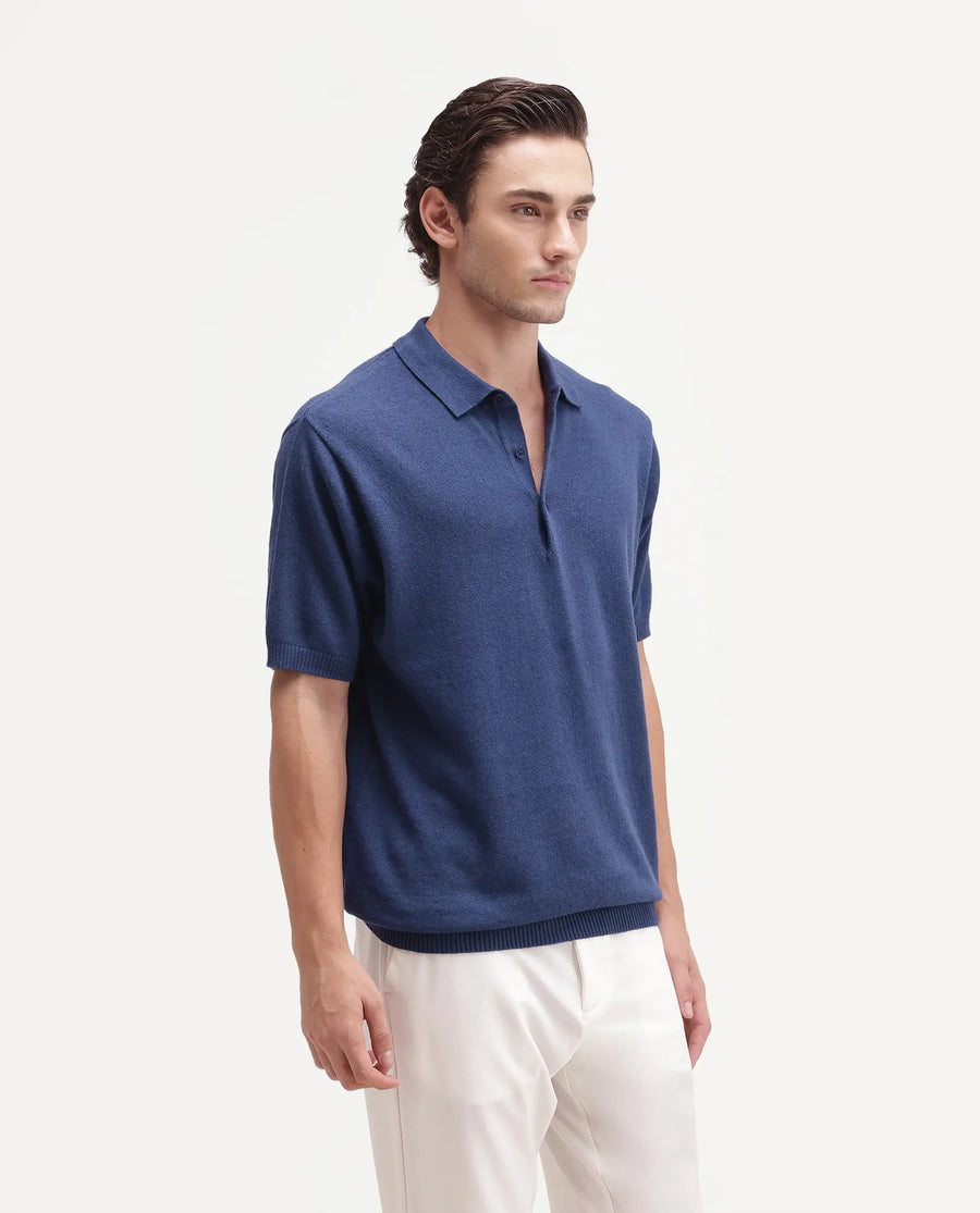 Rare Rabbit Men's Linop Dark Blue Linen Blend Spread Collar Button Regular Plain Polo