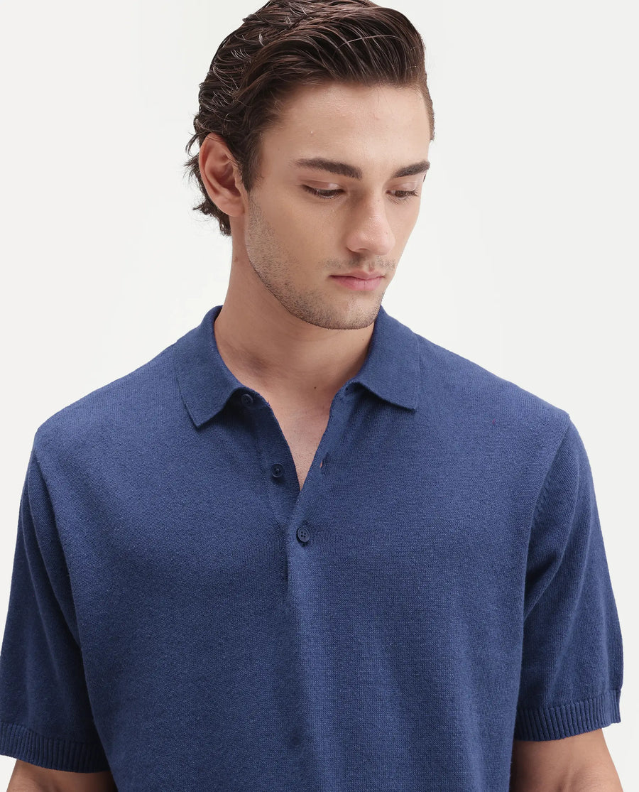 Rare Rabbit Men's Linop Dark Blue Linen Blend Spread Collar Button Regular Plain Polo