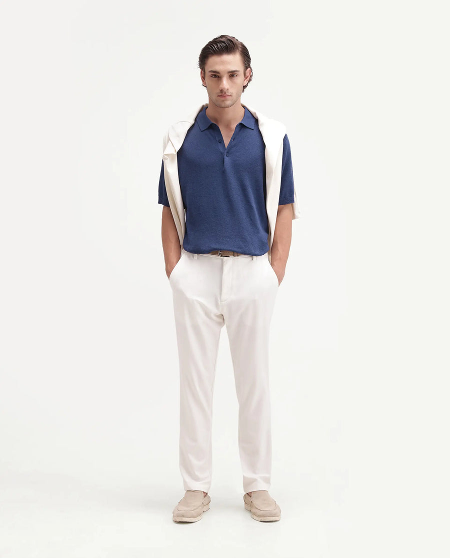 Rare Rabbit Men's Linop Dark Blue Linen Blend Spread Collar Button Regular Plain Polo