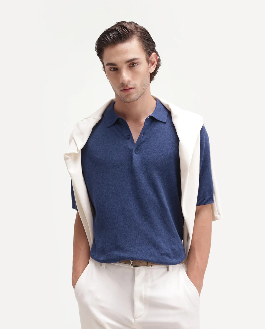 Rare Rabbit Men's Linop Dark Blue Linen Blend Spread Collar Button Regular Plain Polo