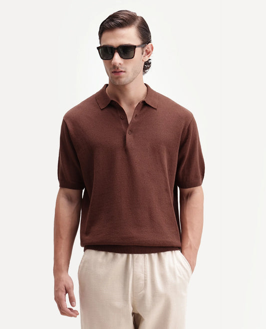 Rare Rabbit Men's Linop Brown Linen Blend Spread Collar Button Regular Plain Polo