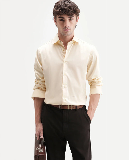 Rare Rabbit Men's Aston Light Yellow Polyester Blend Spread Collar Button Regular Plain Shirt