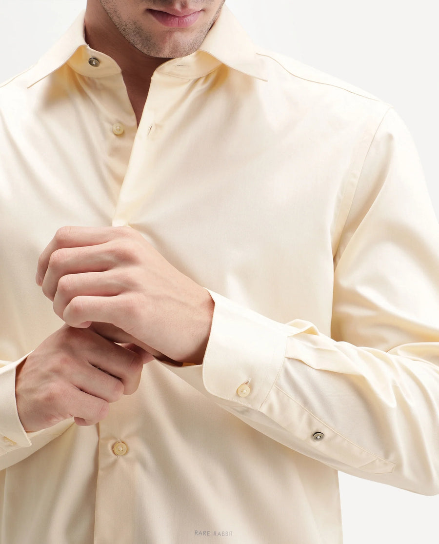 Rare Rabbit Men's Aston Light Yellow Polyester Blend Spread Collar Button Regular Plain Shirt