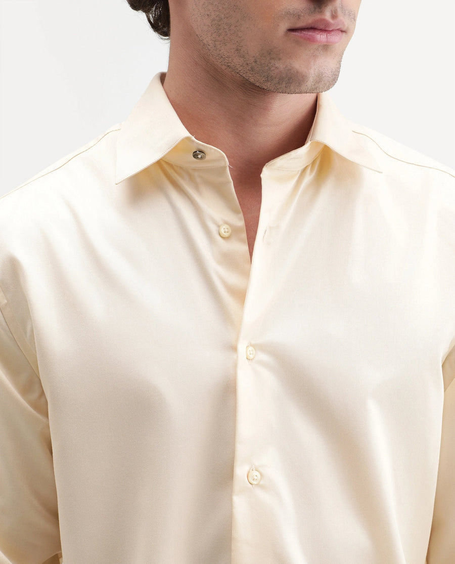 Rare Rabbit Men's Aston Light Yellow Polyester Blend Spread Collar Button Regular Plain Shirt