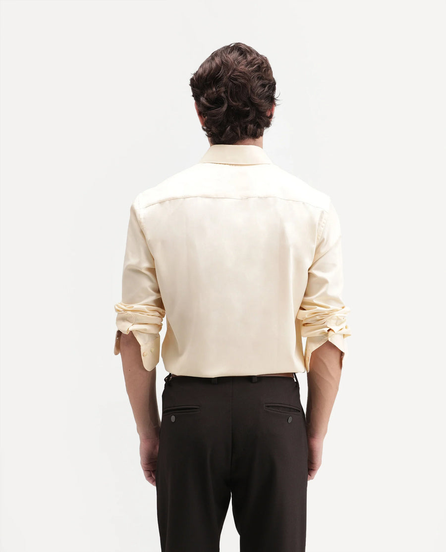 Rare Rabbit Men's Aston Light Yellow Polyester Blend Spread Collar Button Regular Plain Shirt