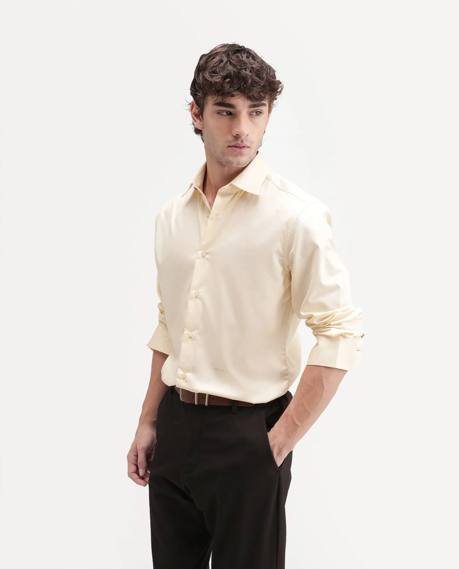 Rare Rabbit Men's Aston Light Yellow Polyester Blend Spread Collar Button Regular Plain Shirt