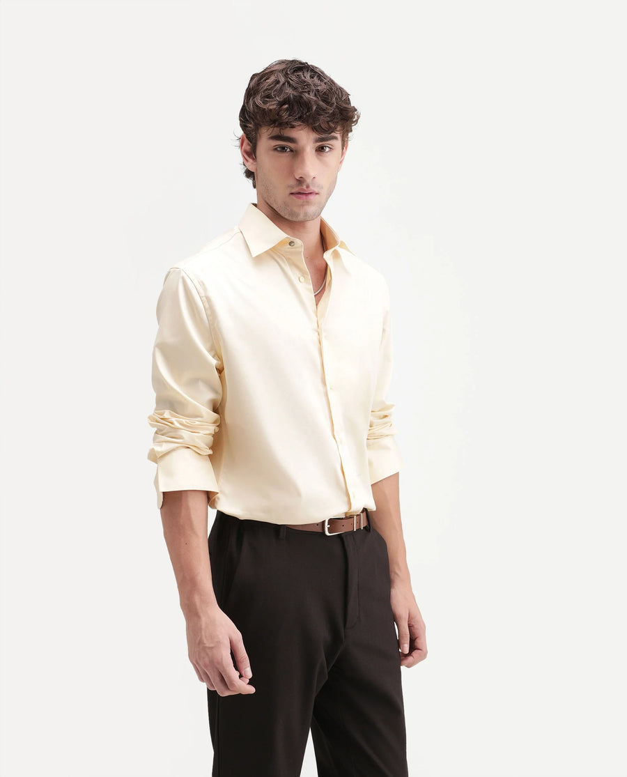 Rare Rabbit Men's Aston Light Yellow Polyester Blend Spread Collar Button Regular Plain Shirt