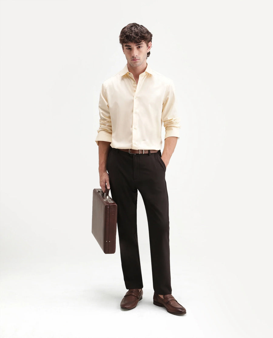 Rare Rabbit Men's Aston Light Yellow Polyester Blend Spread Collar Button Regular Plain Shirt