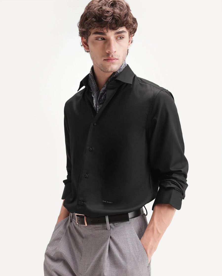 Rare Rabbit Men's Aston Black Polyester Blend Spread Collar Button Regular Plain Shirt