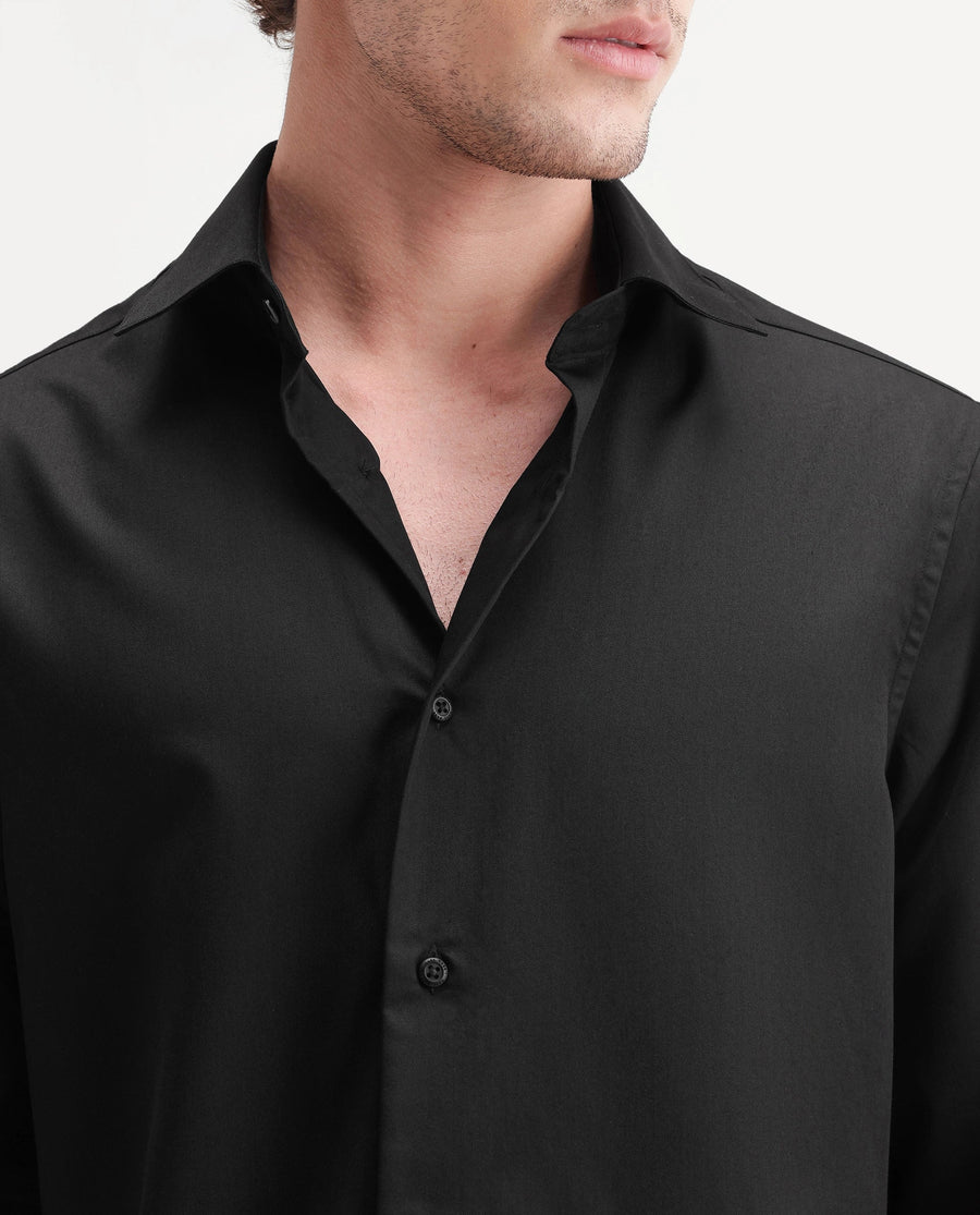 Rare Rabbit Men's Aston Black Polyester Blend Spread Collar Button Regular Plain Shirt