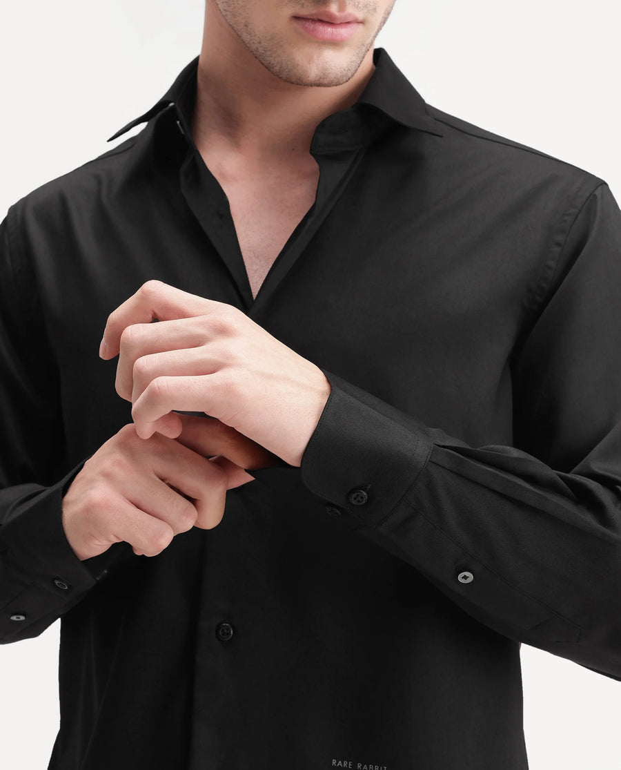 Rare Rabbit Men's Aston Black Polyester Blend Spread Collar Button Regular Plain Shirt