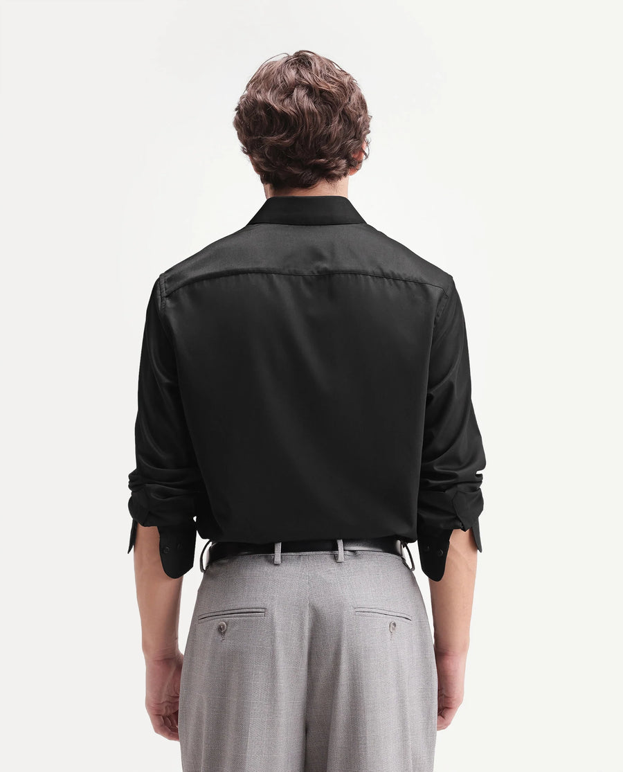 Rare Rabbit Men's Aston Black Polyester Blend Spread Collar Button Regular Plain Shirt