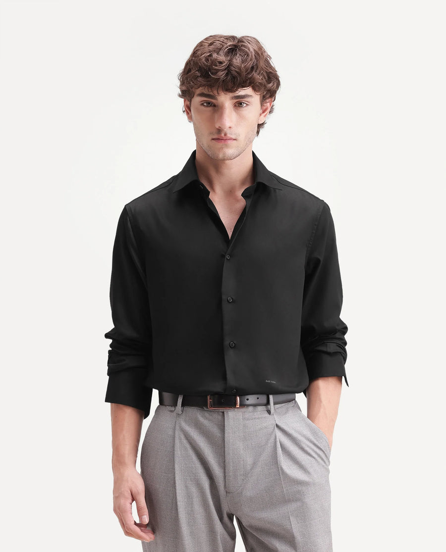Rare Rabbit Men's Aston Black Polyester Blend Spread Collar Button Regular Plain Shirt