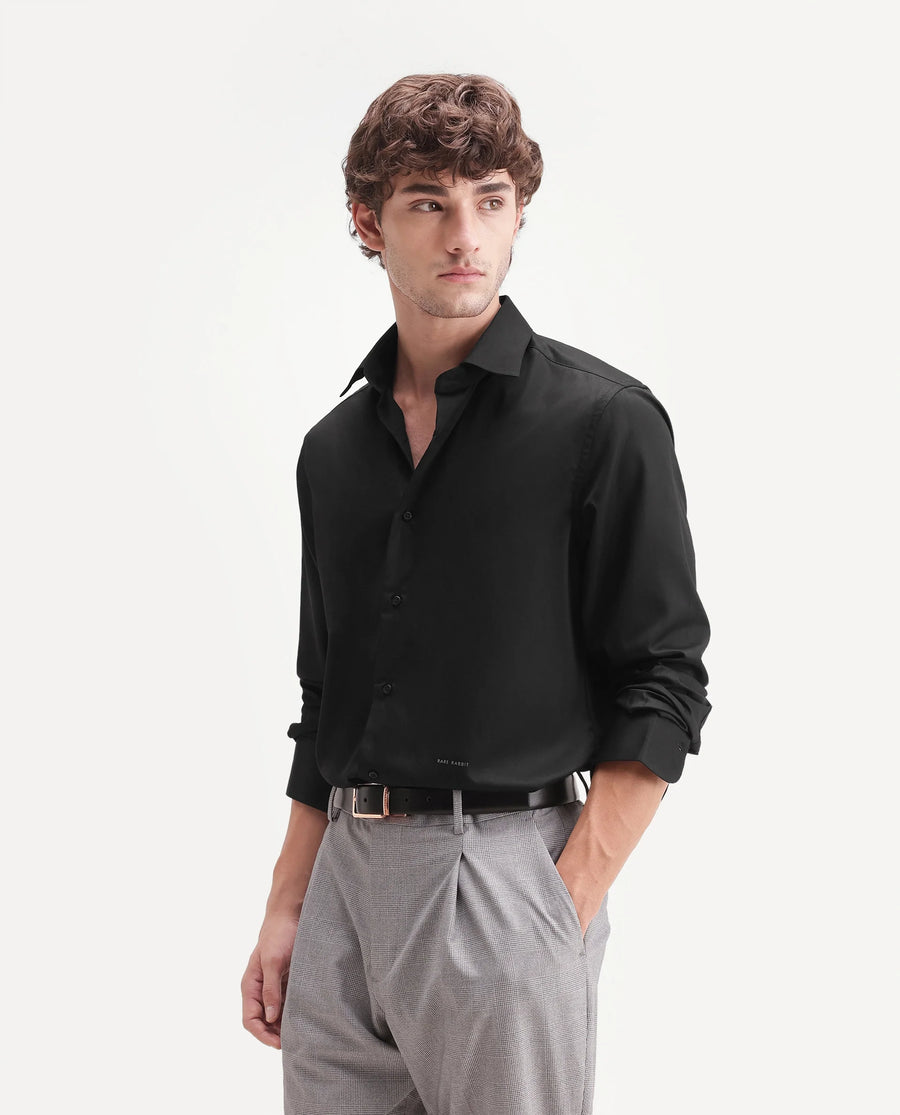 Rare Rabbit Men's Aston Black Polyester Blend Spread Collar Button Regular Plain Shirt