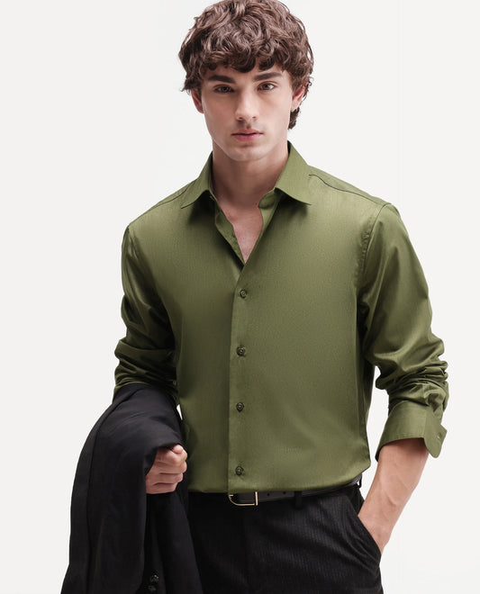 Rare Rabbit Men's Aston Dark Green Polyester Blend Spread Collar Button Regular Plain Shirt