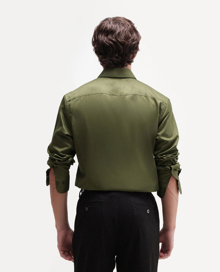 Rare Rabbit Men's Aston Dark Green Polyester Blend Spread Collar Button Regular Plain Shirt