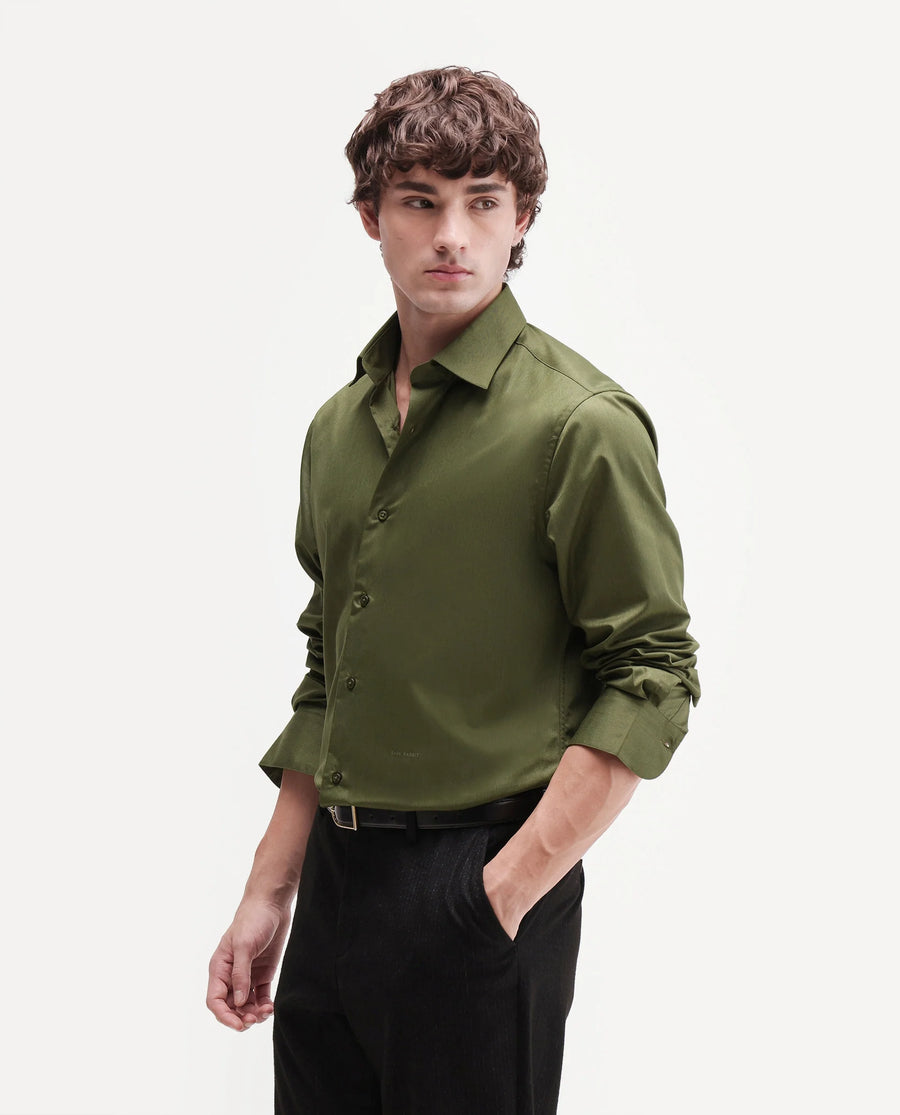 Rare Rabbit Men's Aston Dark Green Polyester Blend Spread Collar Button Regular Plain Shirt