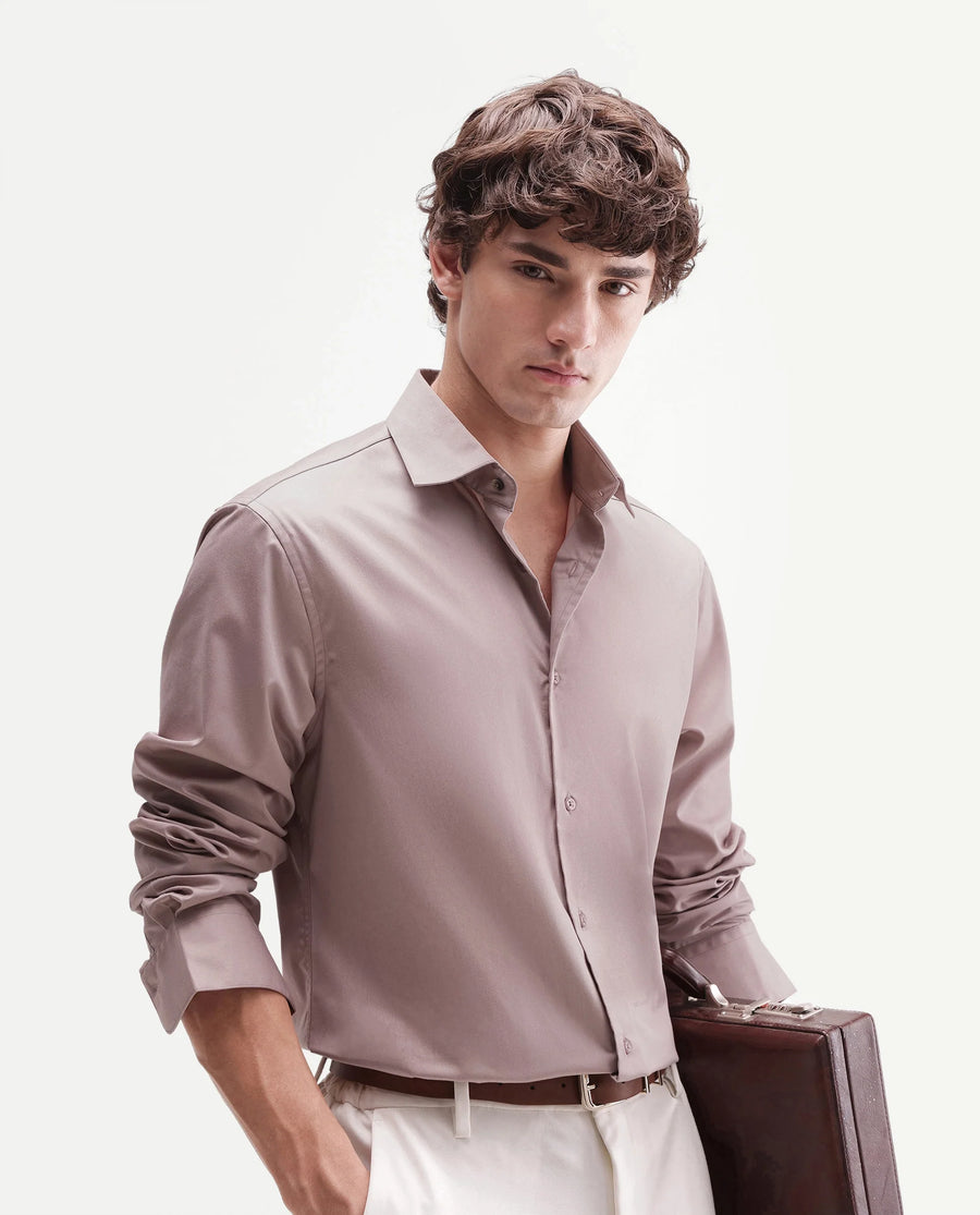 Rare Rabbit Men's Aston Dusky Pink Polyester Blend Spread Collar Button Regular Plain Shirt