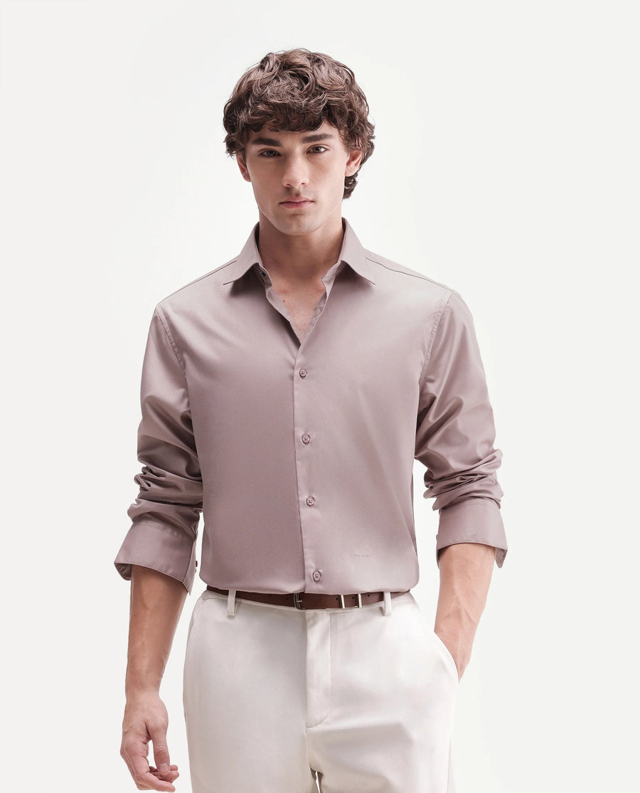 Rare Rabbit Men's Aston Dusky Pink Polyester Blend Spread Collar Button Regular Plain Shirt