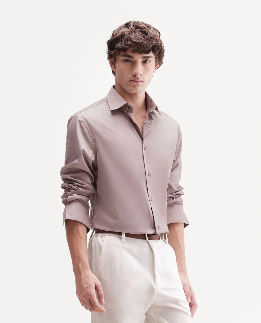 Rare Rabbit Men's Aston Dusky Pink Polyester Blend Spread Collar Button Regular Plain Shirt