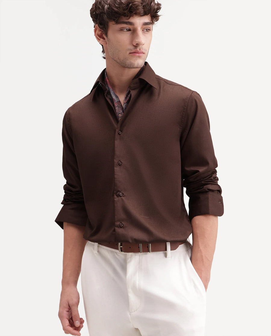 Rare Rabbit Men's Aston Brown Polyester Blend Spread Collar Button Regular Plain Shirt