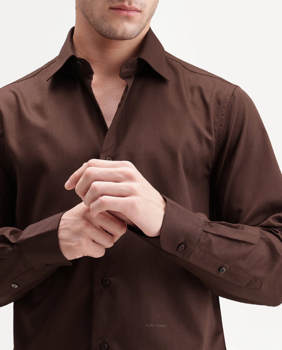 Rare Rabbit Men's Aston Brown Polyester Blend Spread Collar Button Regular Plain Shirt