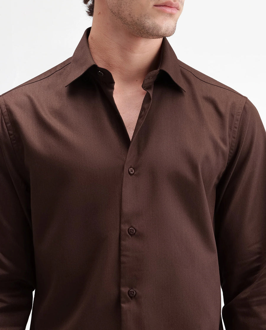 Rare Rabbit Men's Aston Brown Polyester Blend Spread Collar Button Regular Plain Shirt